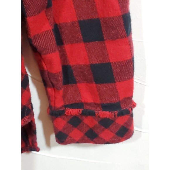 Reba Size Large Buffalo Plaid Red Black Snap Up Beaded Raw Edge Flannel Shirt - Picture 7 of 14